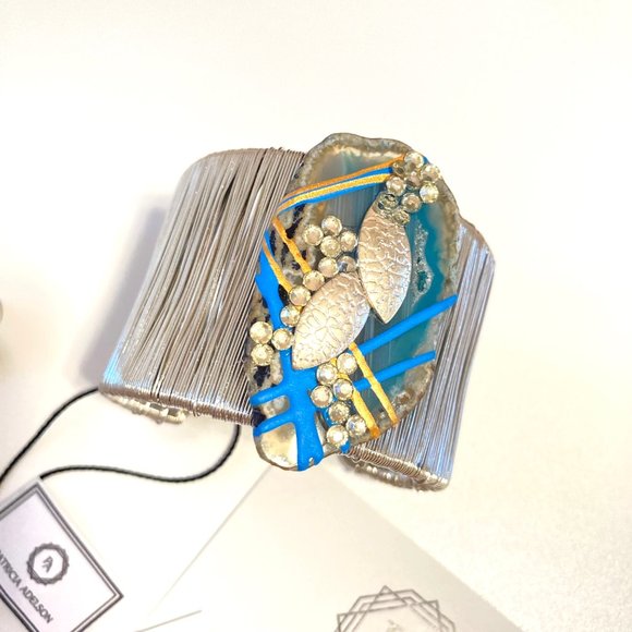 Gold Plated Bangle + Earrings BLUE Agate - Picture 2 of 6